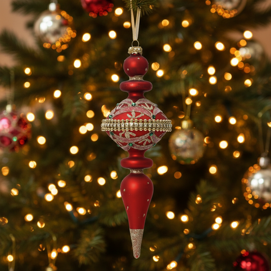 Set of 2 Christmas Red Ornate Finial Glass Christmas Decoration