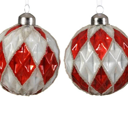 Red and White Harlequin Pattern Glass Christmas Tree Baubles