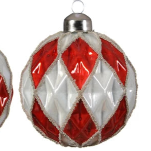 Red and White Harlequin Pattern Glass Christmas Tree Baubles