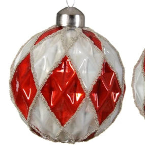 Red and White Harlequin Pattern Glass Christmas Tree Baubles