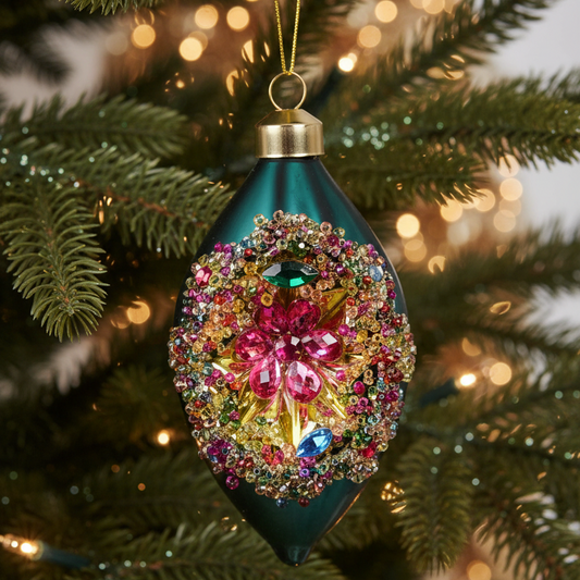 Emerald Olive Shape Glass Christmas Bauble