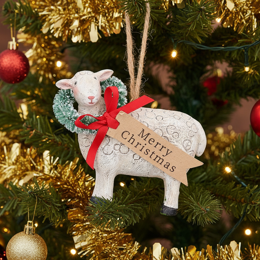 A decorative hanging ornament shaped like a sheep, with a textured off-white body, black hooves, a green brushy wreath around its neck, a red ribbon bow, and a kraft paper tag that reads “Merry Christmas.”.