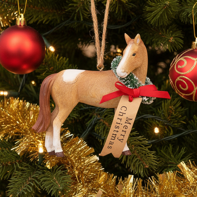 A painted horse Christmas ornament in a light tan and white colorway, decorated with a green tinsel wreath and a red ribbon bow. A kraft paper tag hanging from the red bow reads 'Merry Christmas'.