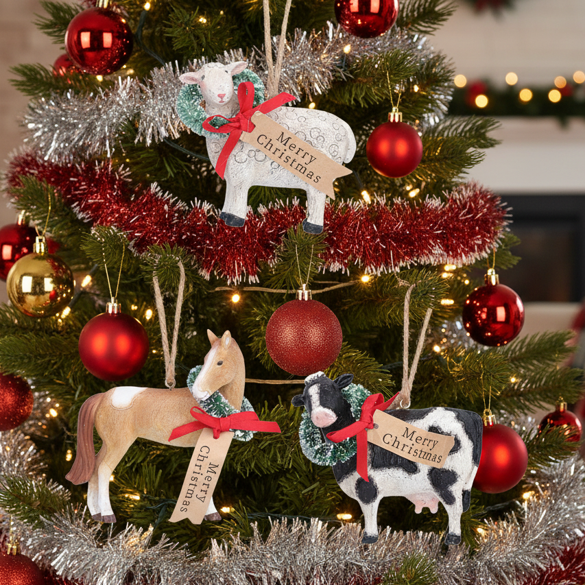 Resin Christmas Farm Animals Hanging Tree Decorations