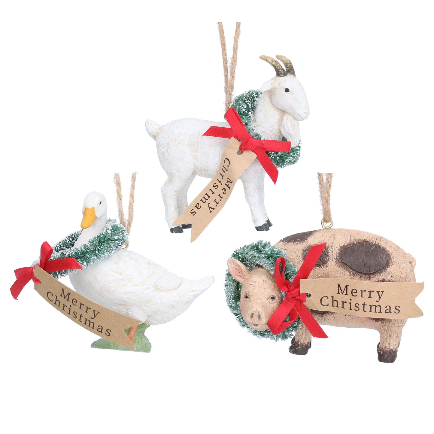 Three festive animal ornaments with wreaths and 'Merry Christmas' signs on a white background.