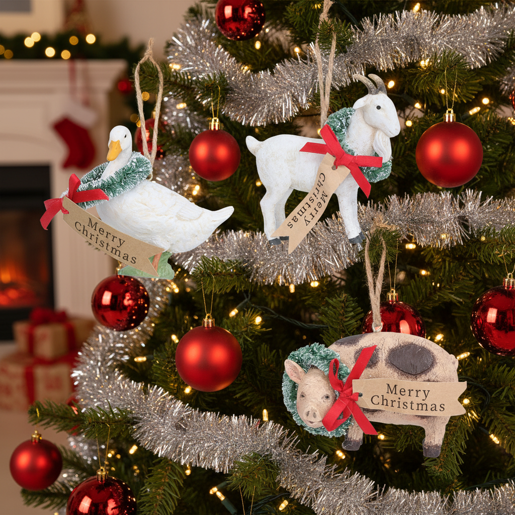 Resin Goose, Goat or Pig Christmas Tree Ornaments