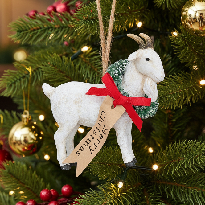 A white goat-shaped Christmas ornament with brown horns, a green wreath with white snow-like accents, a red ribbon bow, and a hanging tag that reads 'Merry Christmas.'.