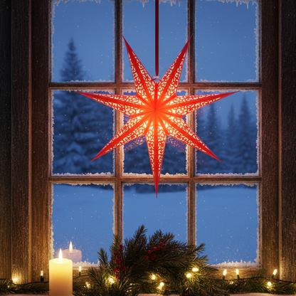 A glowing red star-shaped Christmas ornament hangs in front of a snowy window, with candles, evergreen branches, and warm lights visible below and outside.