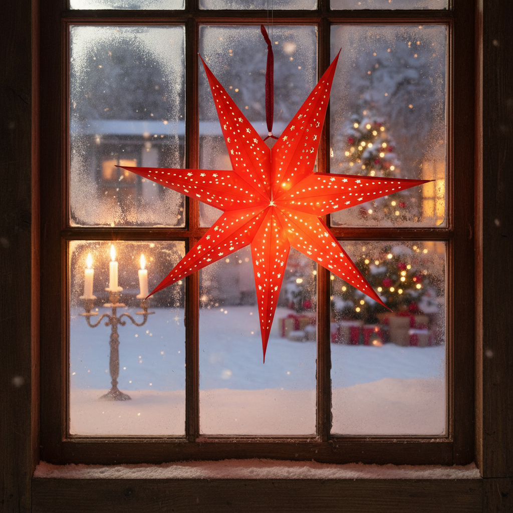 A glowing red eight-pointed star Christmas ornament hangs in the center of a frosty window, with a snowy outdoor scene and a decorated Christmas tree visible in the background.
