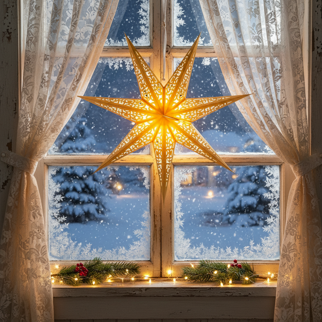 A glowing, illuminated star-shaped Christmas ornament hangs in the center of a window with lace curtains, overlooking a snowy outdoor winter scene with snow-covered trees and falling snow.