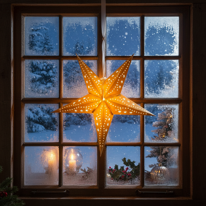 A glowing five-pointed star Christmas ornament hangs in front of a frosty window with snow visible outside, creating a warm festive scene.