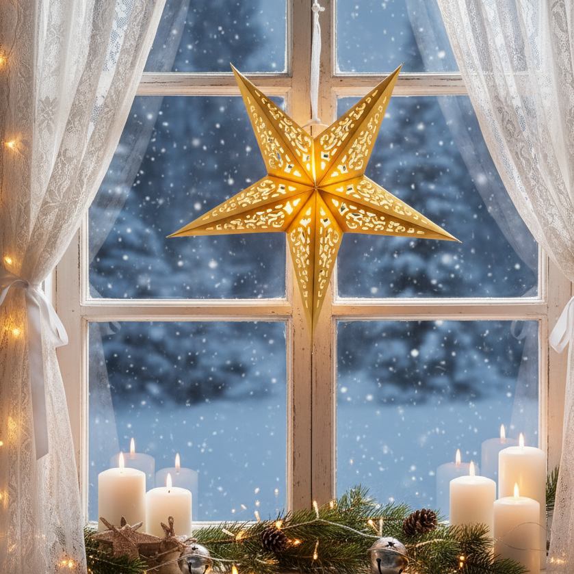 A glowing gold five-pointed star ornament hangs in front of a snowy window, surrounded by white lace curtains, lit candles, pine branches, and warm string lights.