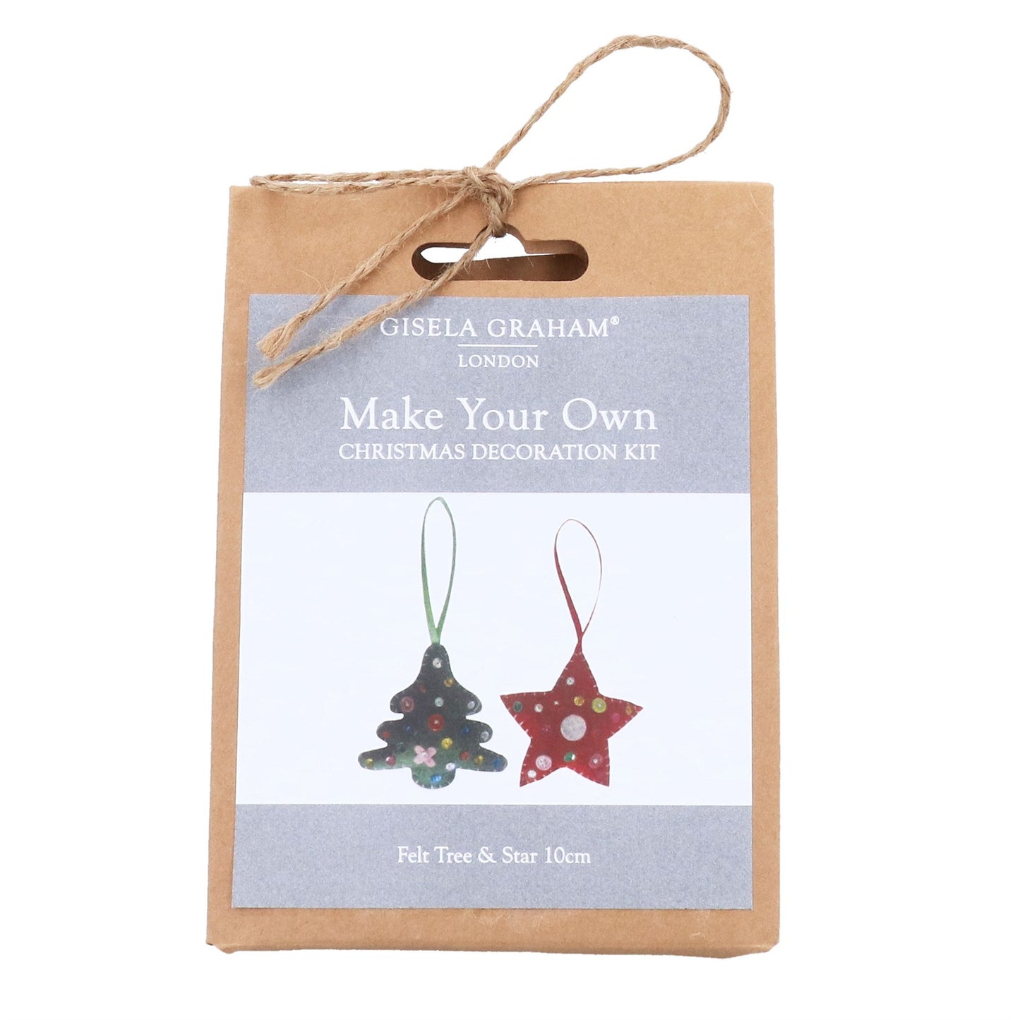 Make Your Own Christmas Decoration Kit packaging with tree and star designs on a white background