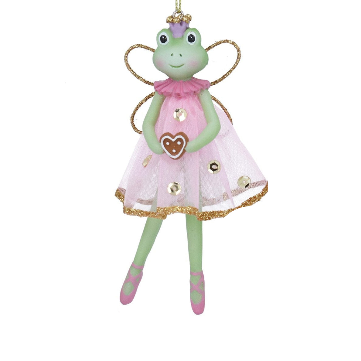 Frog fairy doll with a pink dress and gold accents on a white background