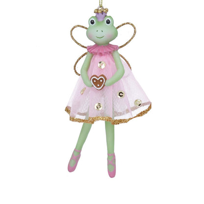Frog fairy doll with a pink dress and gold accents on a white background
