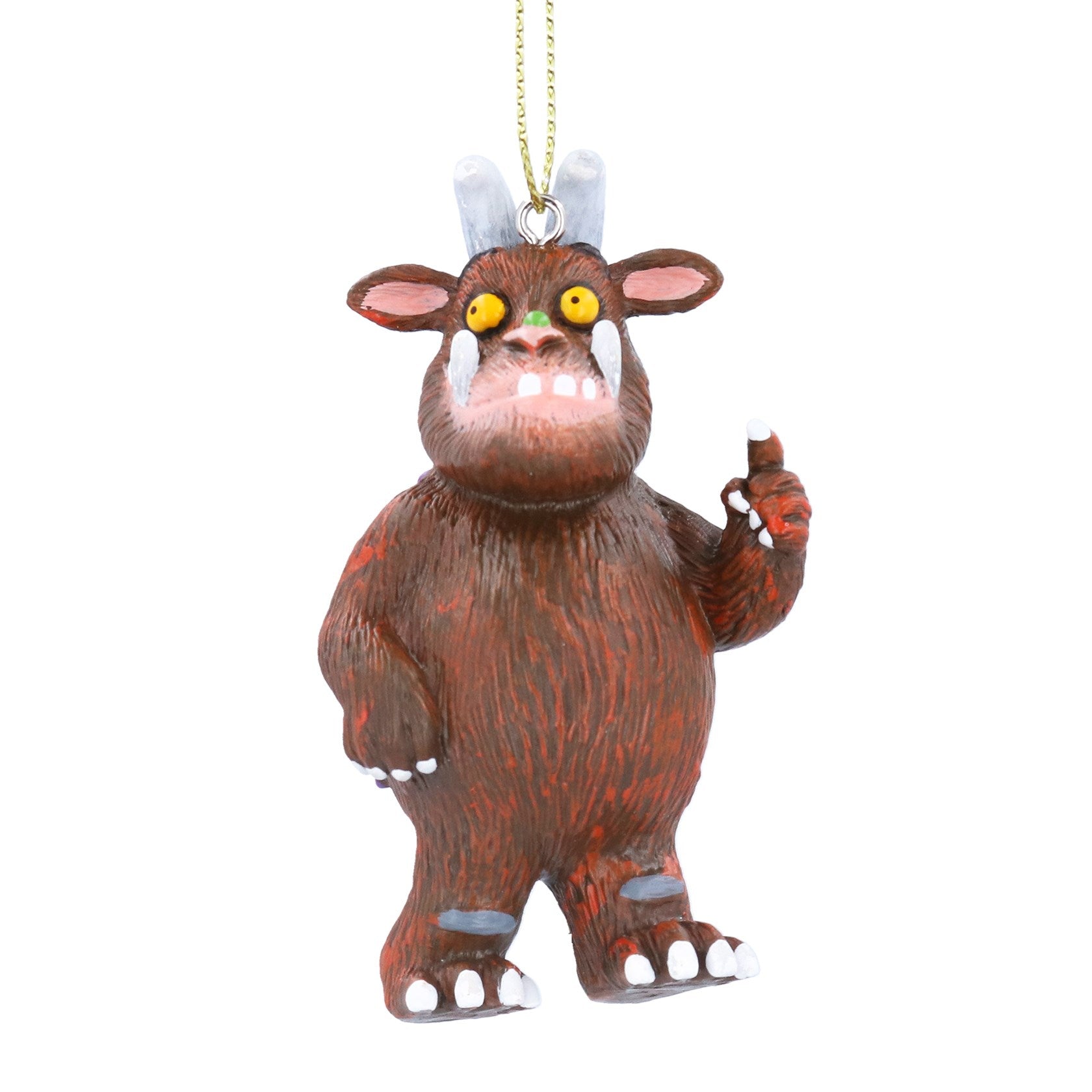 Decorative ornament of a gruffalo with a white hat on a white background