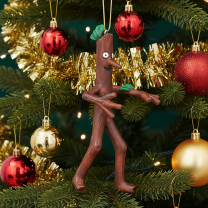 A Christmas ornament shaped like stick man from the Gruffalo with green leaves, a painted face, and a gold hanging string, shown against a Christmas tree with coloured baubles.