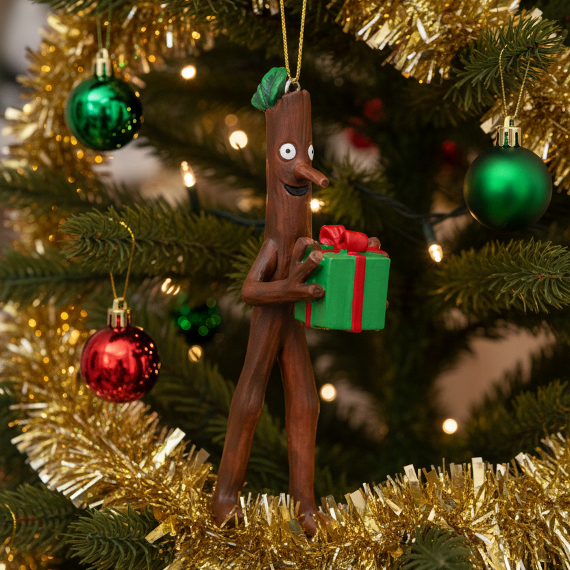 A resin Christmas ornament shaped stick man from the Gruffalo holding a green gift box with a red ribbon, shown against a Christmas tree with coloured baubles.