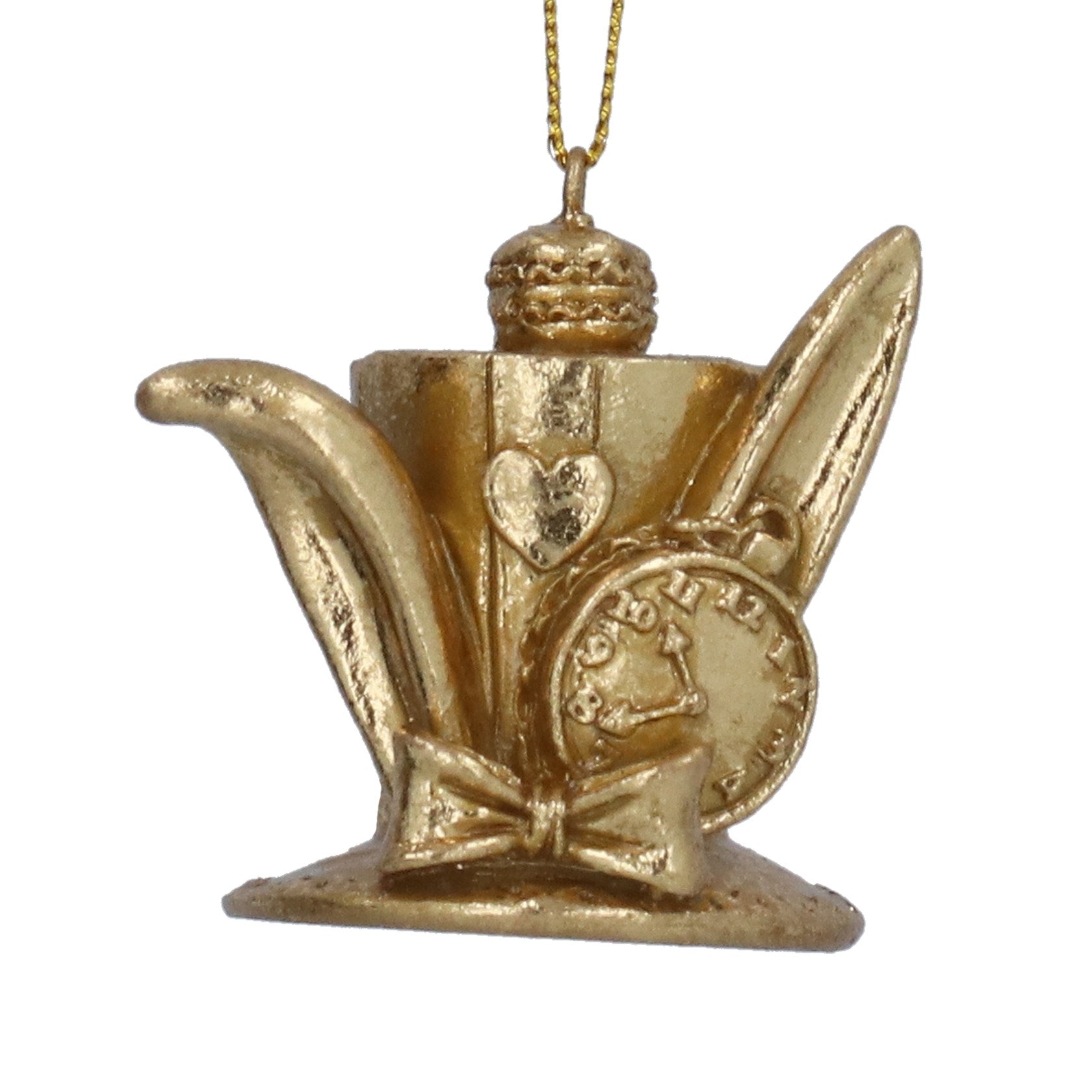 Gold decorative teapot ornament with heart and coin designs on a white background