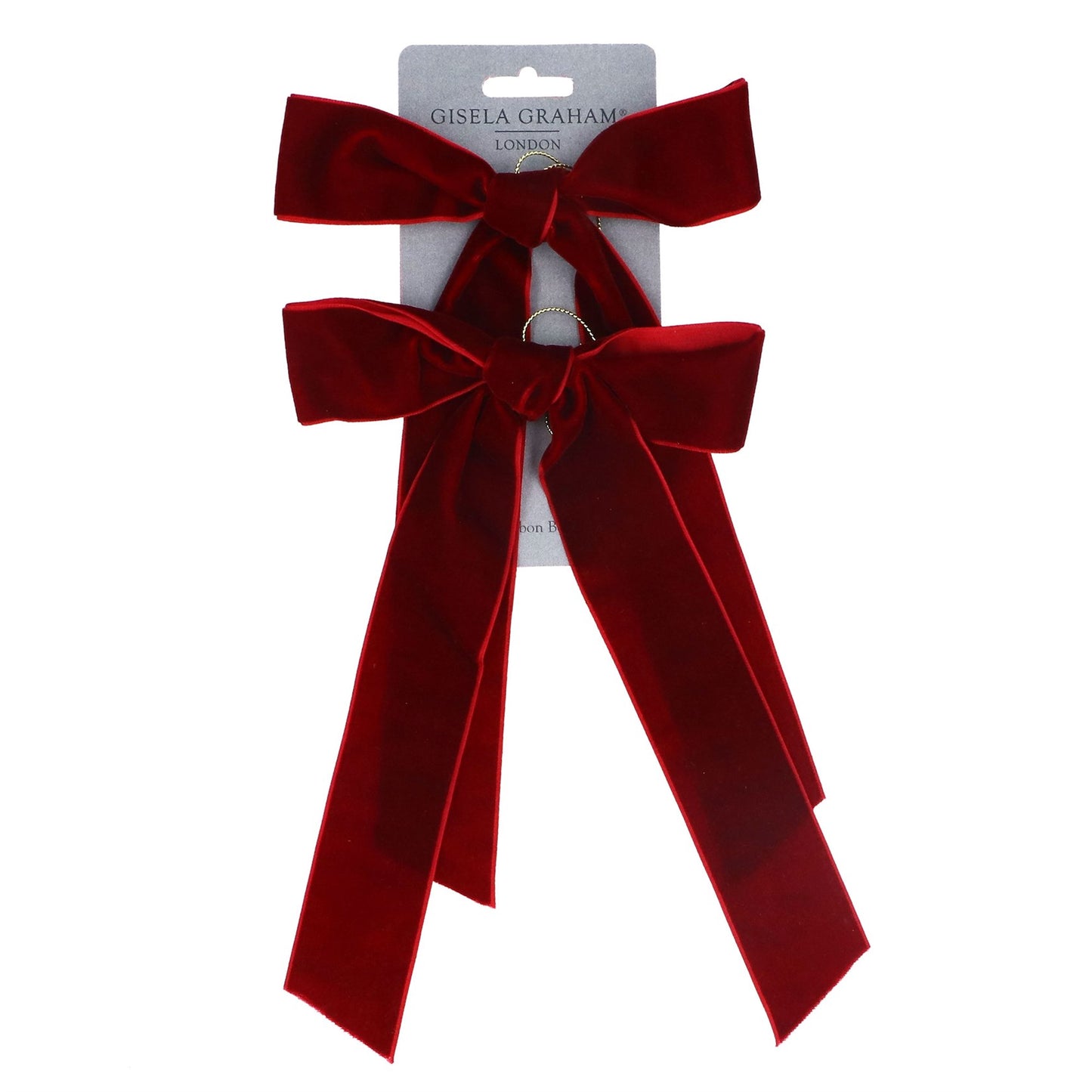 Red velvet bow on a white background with 'Gisela Graham' branding.