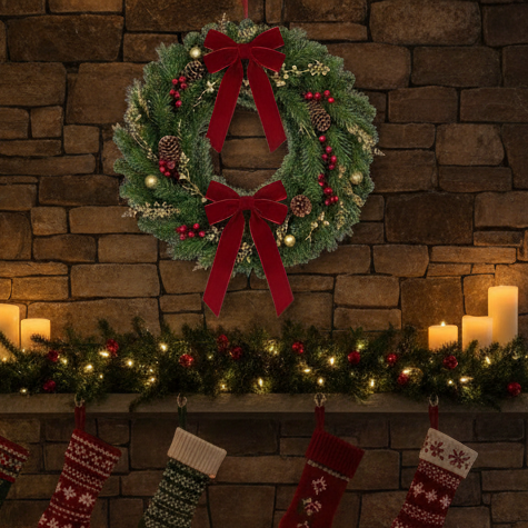A festive green Christmas wreath with two large red velvet bows, pinecones, and red berries hangs on a rustic stone fireplace mantel. The mantel is decorated with a green garland with warm white lights, red ornaments, and four red and green knit Christmas stockings below, with lit candles on both sides.