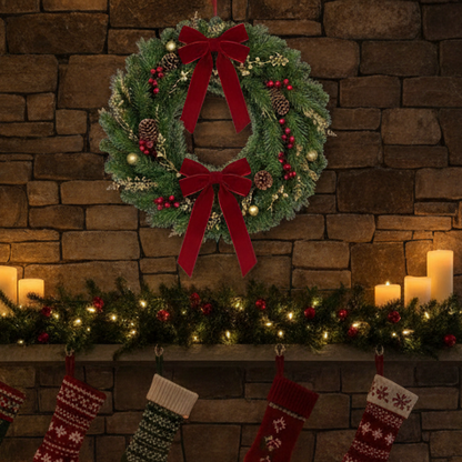 A festive green Christmas wreath with two large red velvet bows, pinecones, and red berries hangs on a rustic stone fireplace mantel. The mantel is decorated with a green garland with warm white lights, red ornaments, and four red and green knit Christmas stockings below, with lit candles on both sides.