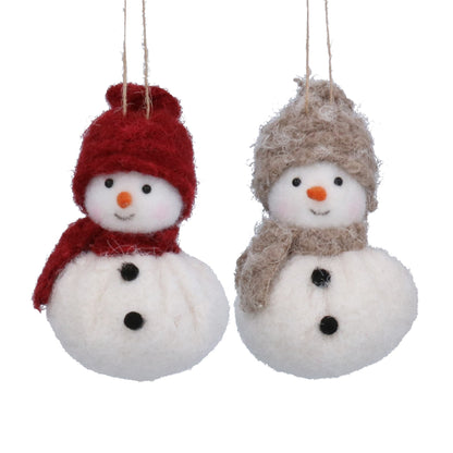 Two snowman ornaments with red and brown hats on a white background