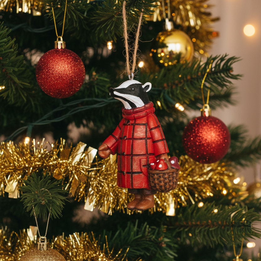 A hand-painted wooden badger ornament dressed in a red plaid coat and holding a brown basket, hanging from a jute string on a Christmas tree