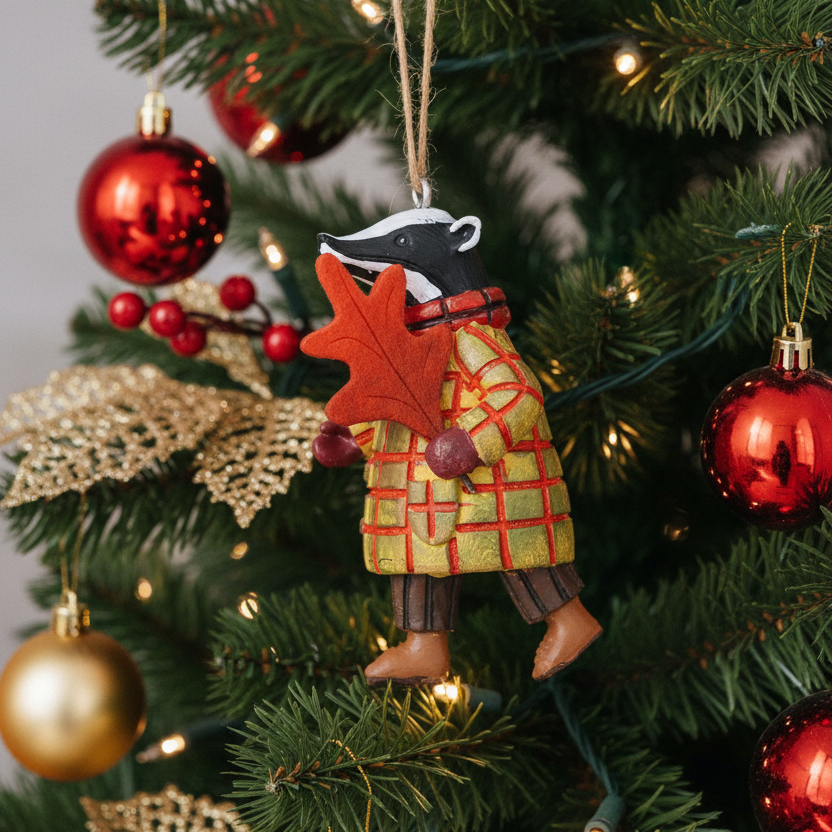 A decorative hanging ornament shaped like a badger wearing a green plaid coat, brown pants, and a large red maple leaf, shown on a Christmas tree