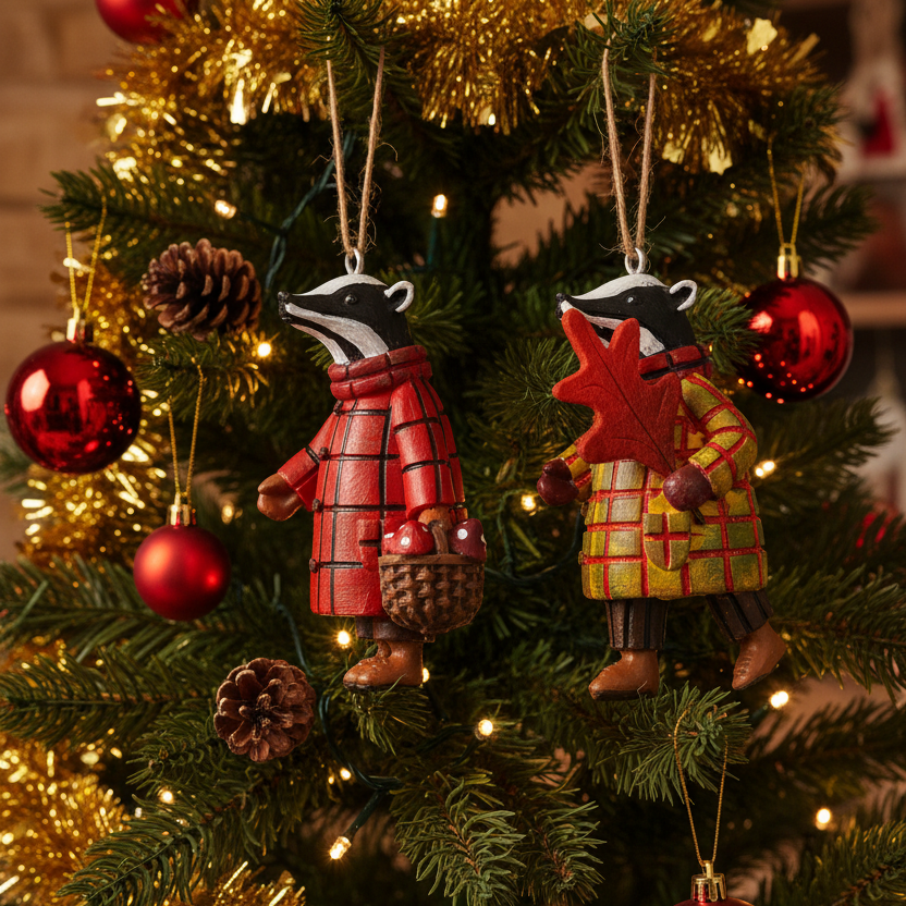 Two Christmas tree ornaments shaped like badgers wearing winter clothing hang on a decorated Christmas tree. One badger wears a red plaid coat and holds a basket, and the other wears a green plaid coat with a red maple leaf accent.