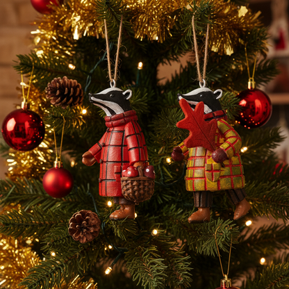 Two Christmas tree ornaments shaped like badgers wearing winter clothing hang on a decorated Christmas tree. One badger wears a red plaid coat and holds a basket, and the other wears a green plaid coat with a red maple leaf accent.