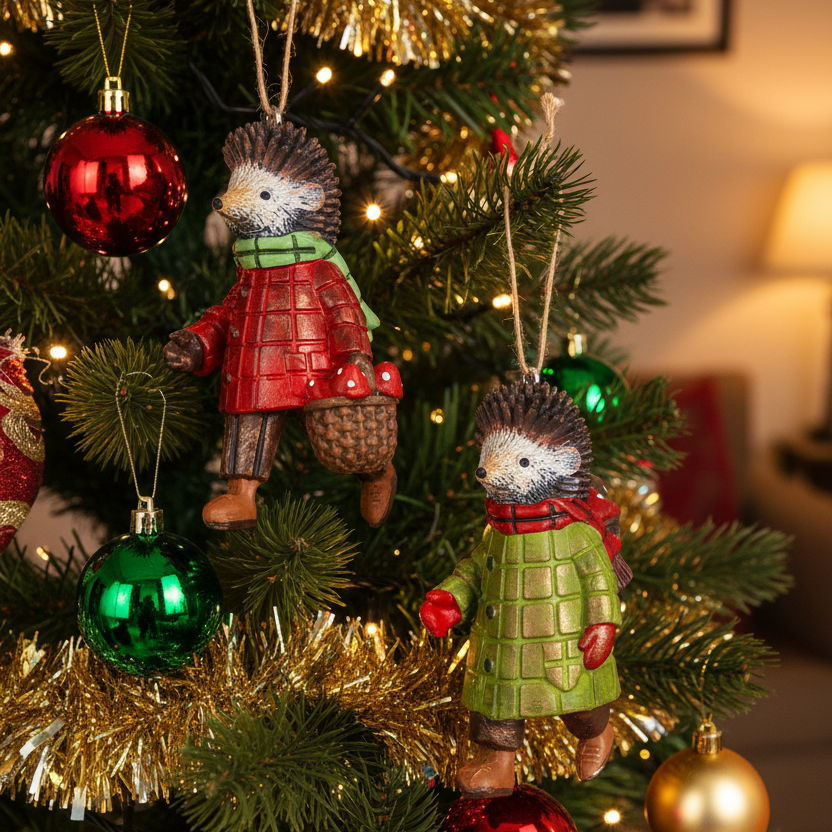 Two hedgehog Christmas ornaments hanging on a decorated Christmas tree, one wearing a red coat and the other wearing a green coat, with warm holiday lights and gold tinsel in the background.