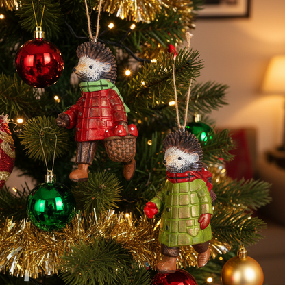 Two hedgehog Christmas ornaments hanging on a decorated Christmas tree, one wearing a red coat and the other wearing a green coat, with warm holiday lights and gold tinsel in the background.