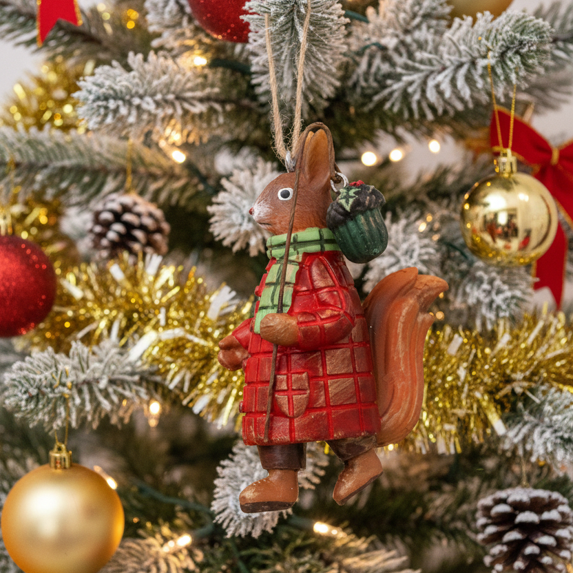 A handcrafted resin squirrel Christmas ornament wearing a red plaid coat, green scarf, and carrying a green acorn, shown against a plain white background.