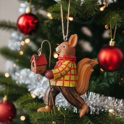 A painted squirrel Christmas ornament wearing a red and yellow plaid sweater, brown pants, and a red scarf, while holding a small birdhouse and walking stick against a white background.
