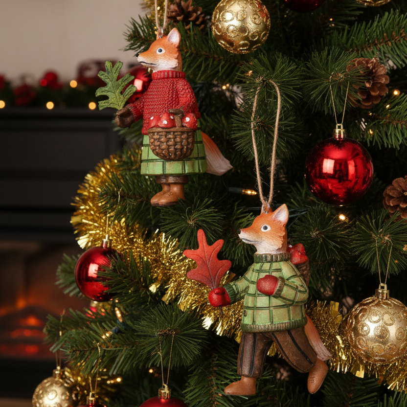 Two wooden fox Christmas tree ornaments hanging on a decorated Christmas tree. One fox is dressed in a red sweater and green skirt holding a pine branch, and the other is in a green plaid sweater and brown pants holding a red leaf.
