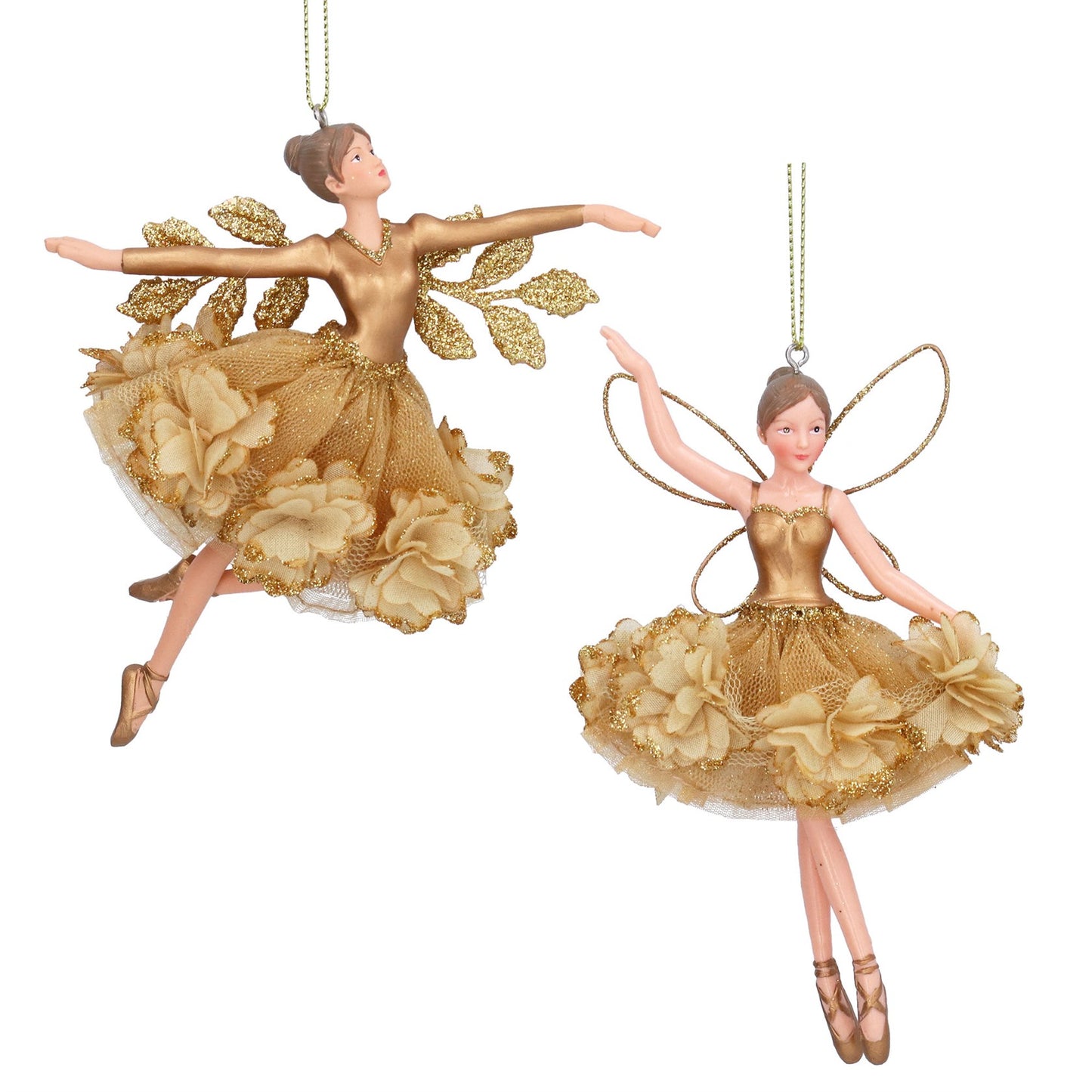Two gold fairy figurines on a white background