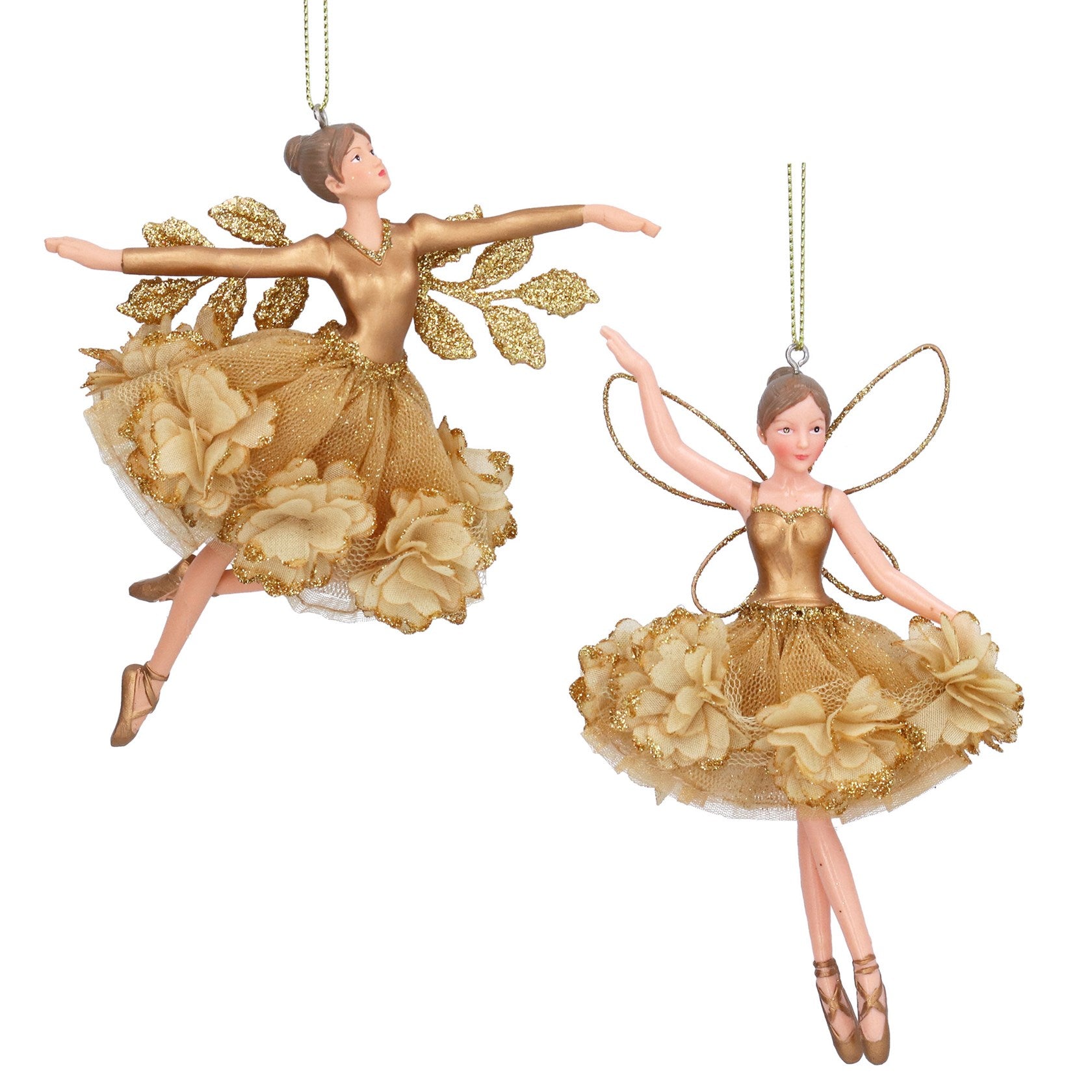 Two gold fairy figurines on a white background