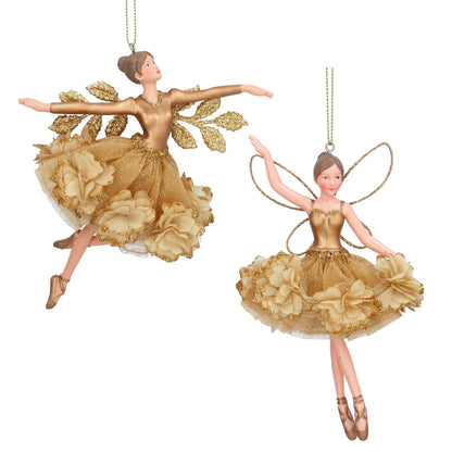Two gold fairy figurines on a white background