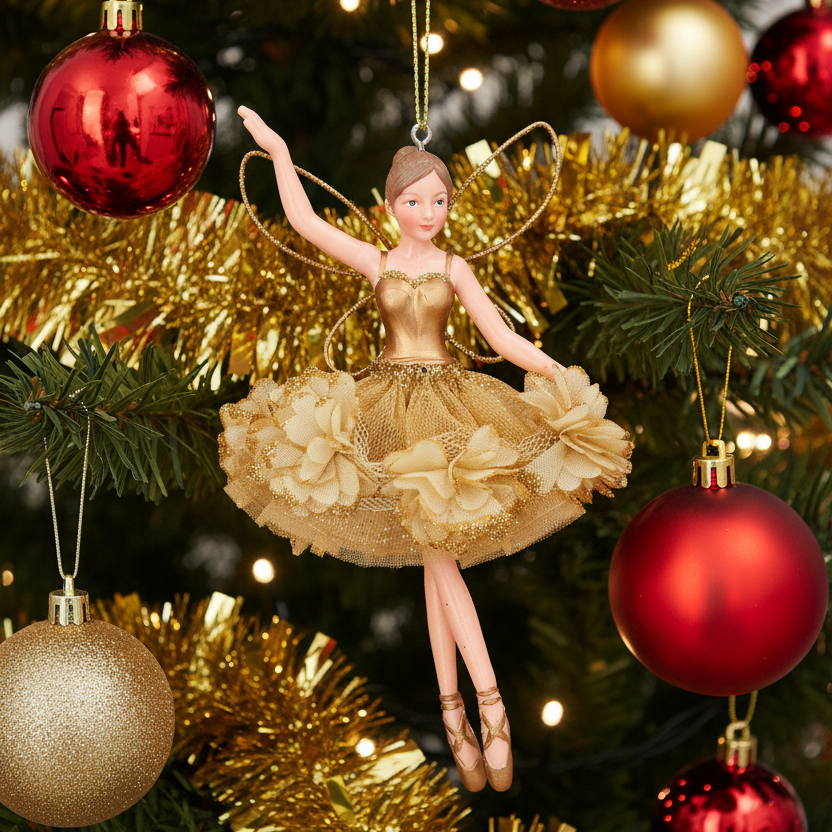 A gold fairy ballerina Christmas ornament with a metallic gold bodice, tulle skirt, and large fabric flowers, shown against a Christmas tree with gold tinsel and coloured baubles
