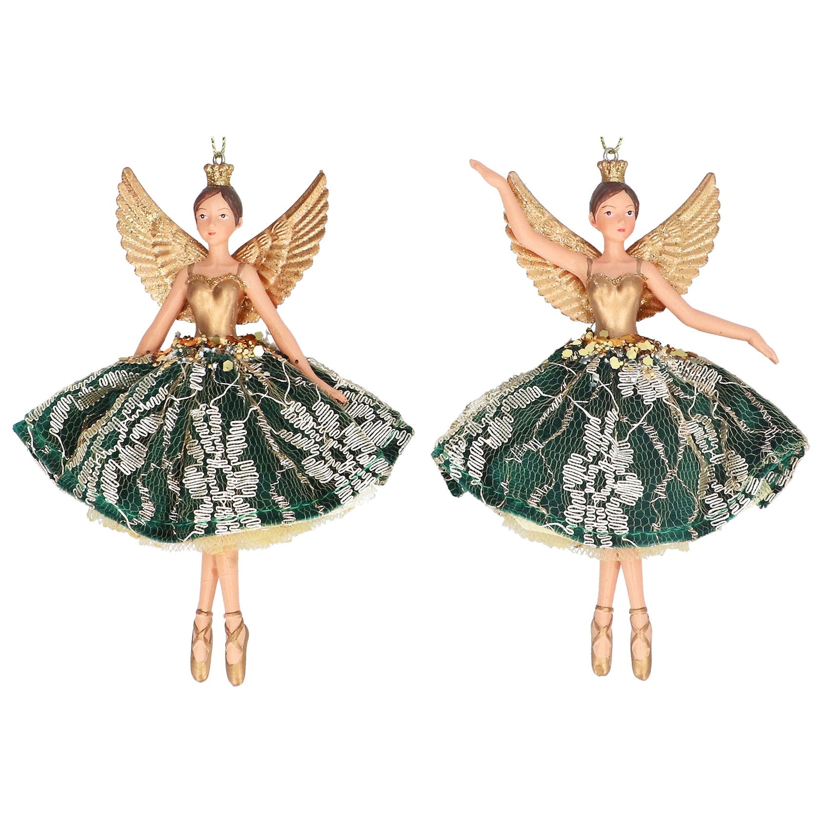 Two decorative fairy figurines with gold wings and green dresses on a white background