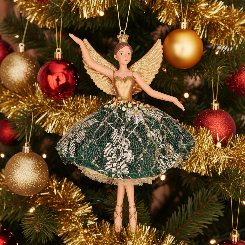 A decorative ballerina figurine with gold wings, a gold crown, and a green and white patterned tutu skirt, posed against a Christmas tree background.