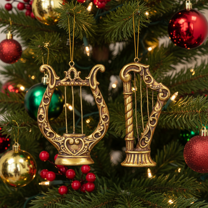 Two ornate gold-toned harp Christmas tree ornaments hanging on a decorated green Christmas tree with red and gold baubles.