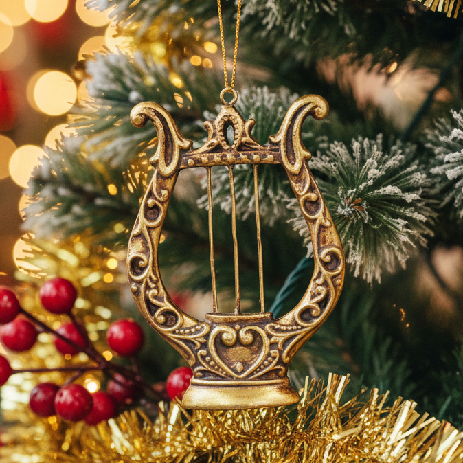 An ornate gold and bronze lyre-shaped hanging ornament with decorative scrollwork and a hanging loop at the top, shown against a plain white background.