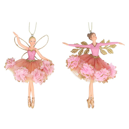 Two ballerina fairy ornaments shown side by side on a plain white background. Each ornament features a blonde or brown-haired fairy in a pink bodysuit and pink flowered tutu with gold leaf wings and a gold hanging loop.