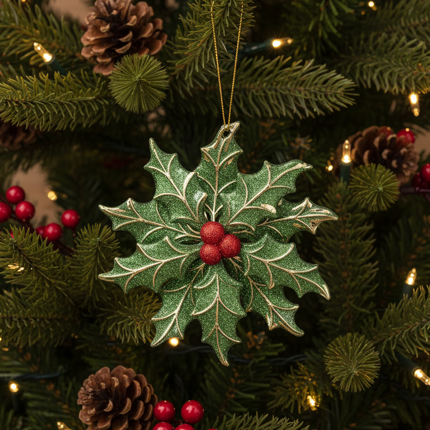 A green holly leaf Christmas ornament with red berries hangs on a decorated Christmas tree with pine branches, pinecones, and warm string lights.