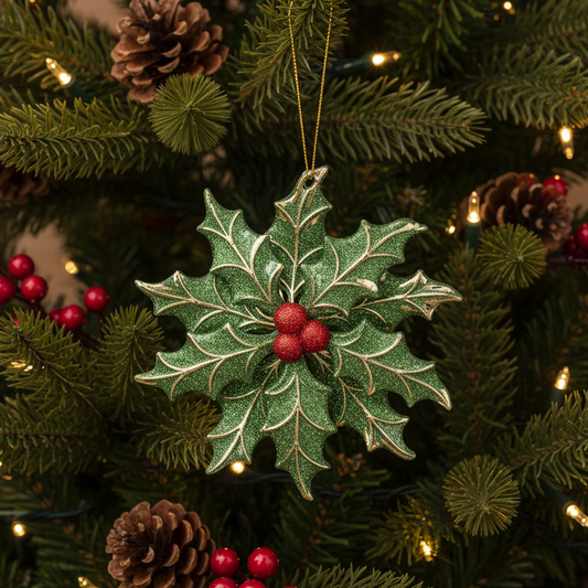 A green holly leaf Christmas ornament with red berries hangs on a decorated Christmas tree with pine branches, pinecones, and warm string lights.