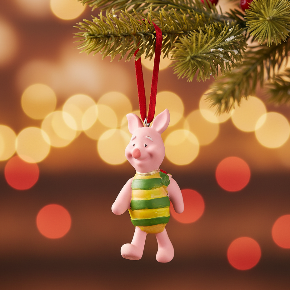 A Piglet Christmas ornament hanging from a green Christmas tree branch with a red ribbon, set against a warm, blurred lights background.