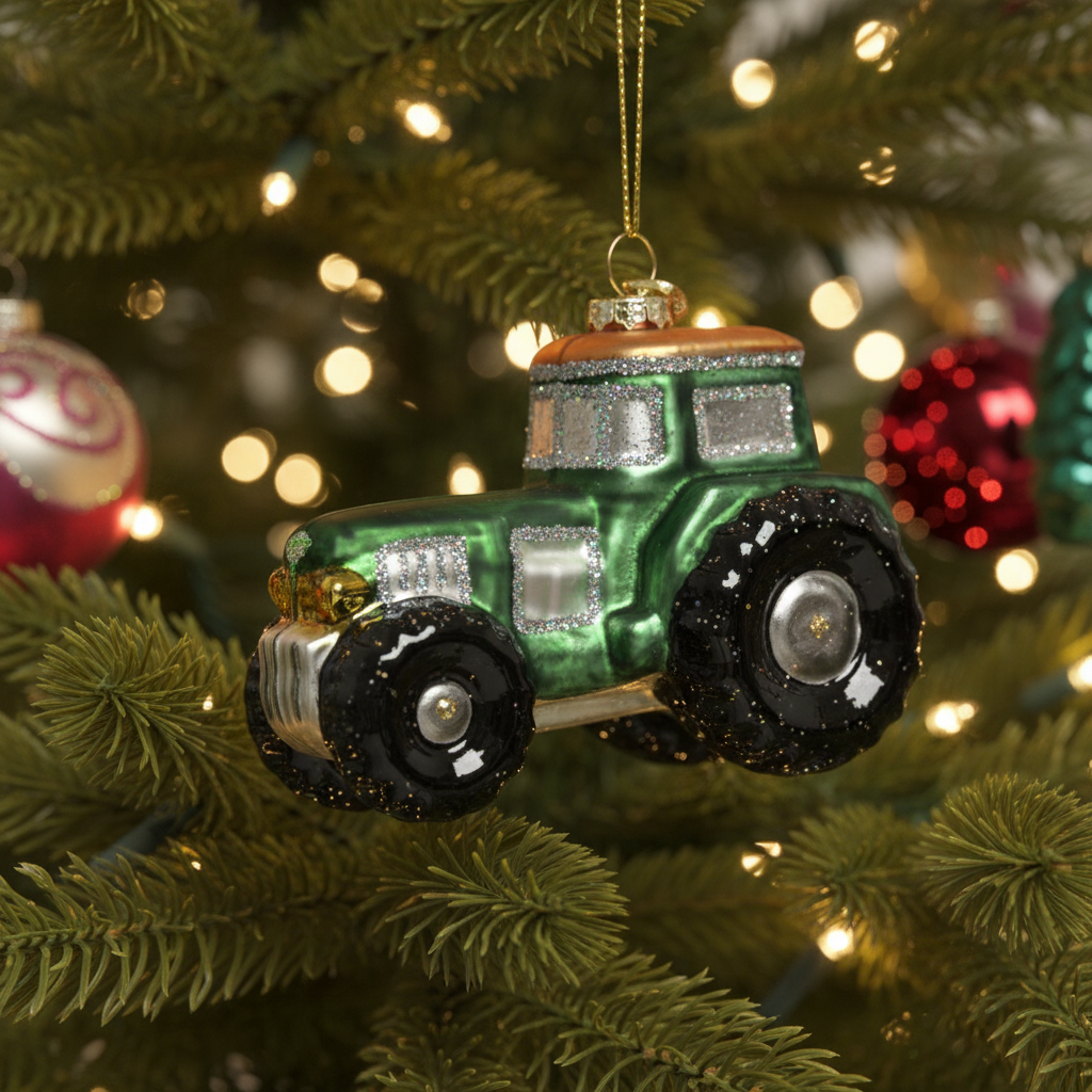 Green Tractor Glass Christmas Hanging Decoration