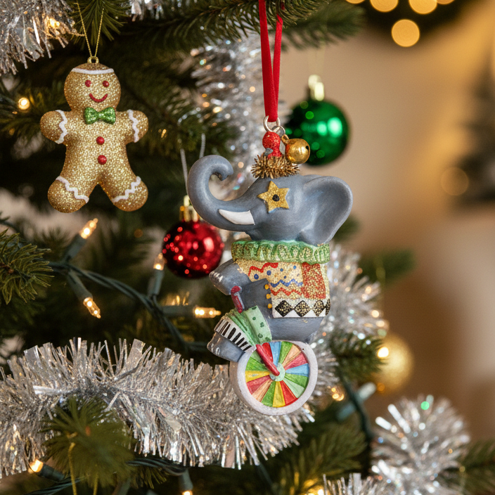 A gray elephant Christmas ornament riding a colorful unicycle with a patterned sweater, hanging on a decorated Christmas tree with silver tinsel and warm lights.